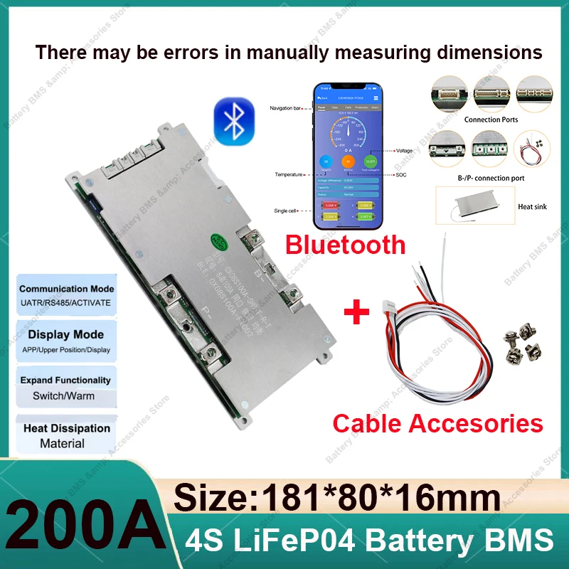 4S LiFePo4 BMS 200A, сбалансированная интеллектуальная защита с аккумулятором 3,2 В, серия накопителей энергии/параллельное использование Bluetooth