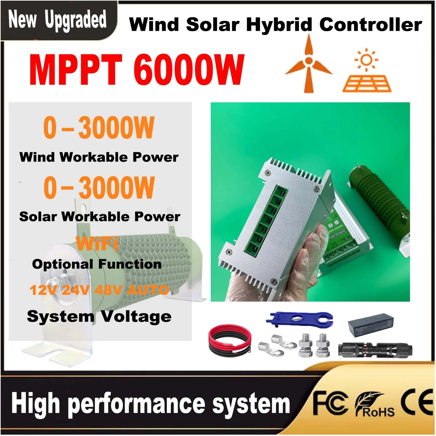 

5000W WIFI MPPT Wind Solar Hybrid Controller Regulator Auto Match 12V 24V 48V Wind 9000W PV 5000W Optional wifi Android APP