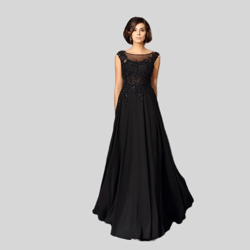 

Black Mother Of The Bride Dresses A-line Chiffon Appliques Beaded Plus Size Long Groom Mother Dresses For Wedding Customized