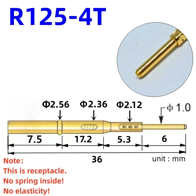 20/100PCS R125-4T Test Pin P125-B P125-B1 Receptacle Brass Tube Needle Sleeve Seat Crimp Connect Probe Sleeve 36mm Dia 2.36mm