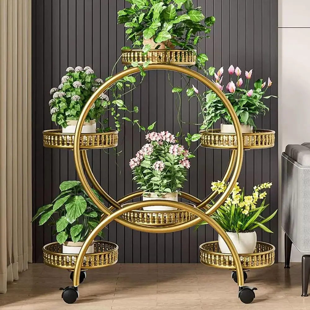 

4-Tier Heavy-Duty Metal Plant Stand with Wheels, White for Indoor/Outdoor Use, Gold 6-Tier Option Available