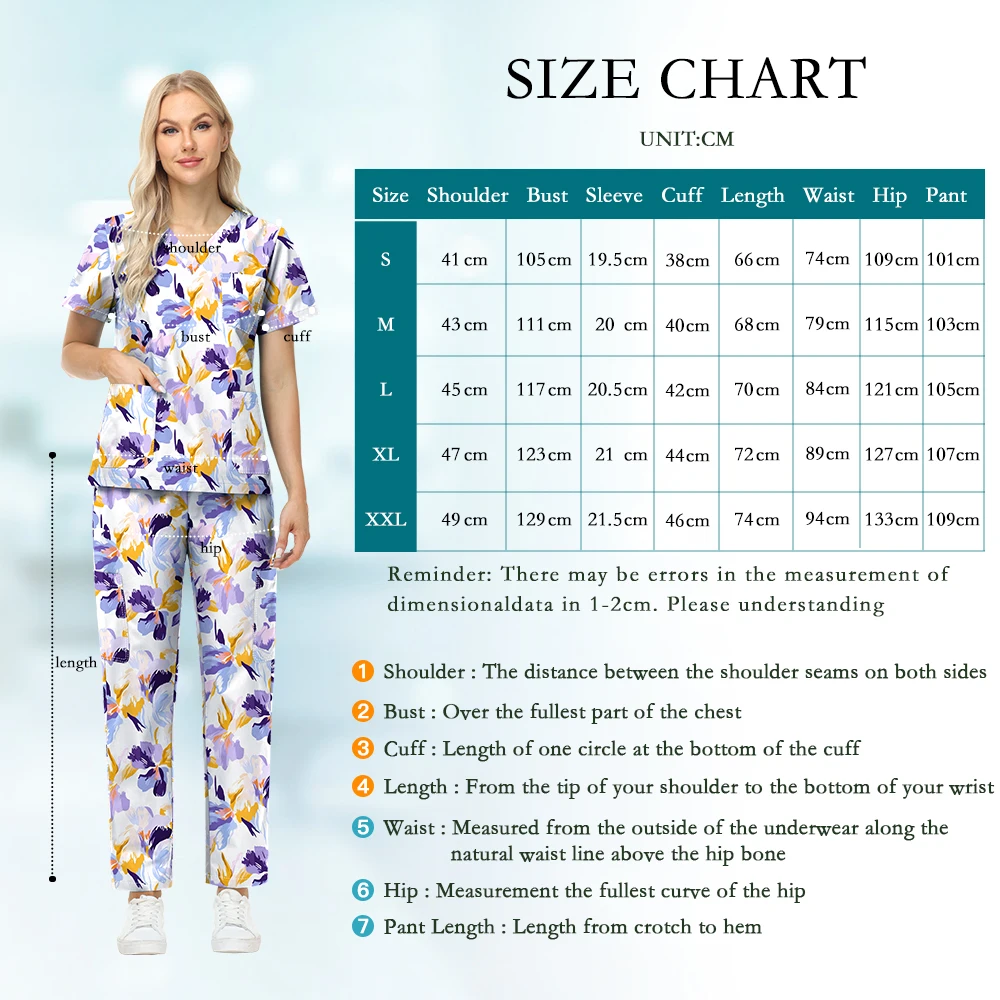 Cotton Printed Scrub Tops Pants Sets Doctor Cartoon Floral Print Medical Nurses Scrubs Uniforms Set Breathable Soft Work Clothes