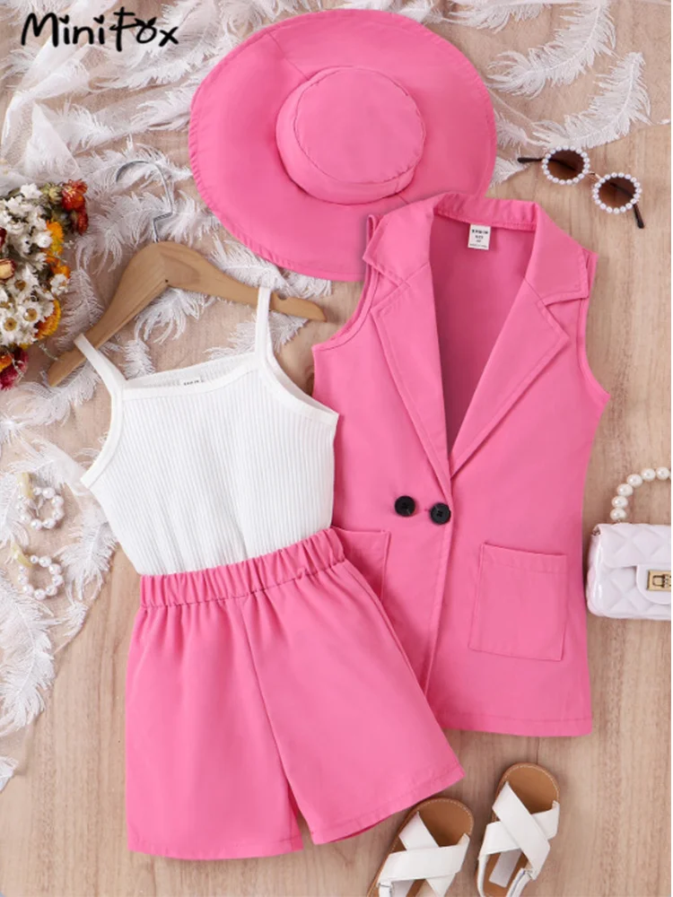 MiniFox Girl\'s Blazer Sets Sleeveless Lapel Blazer Coat+Vest+Shorts+Hat 4pcs Summer Suit For Children Girls Elegants Outfits