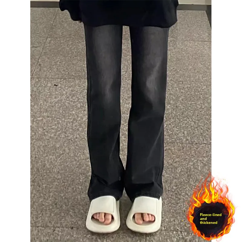 

Джинсы с высокой талией и прямым кроем, на флисовой подкладке, женские, больших размеров, черные, дизайнерские, утягивающие, длиной до щиколотки, из денима