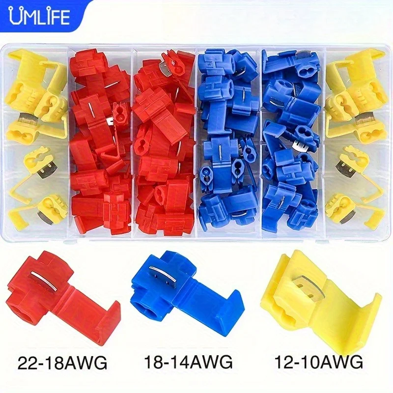 50pcs UMLIFE Solderless Snap Wire Connectors - T-Shaped Quick Splice Connectors with Copper Repairs (Red/Blue/Yellow)