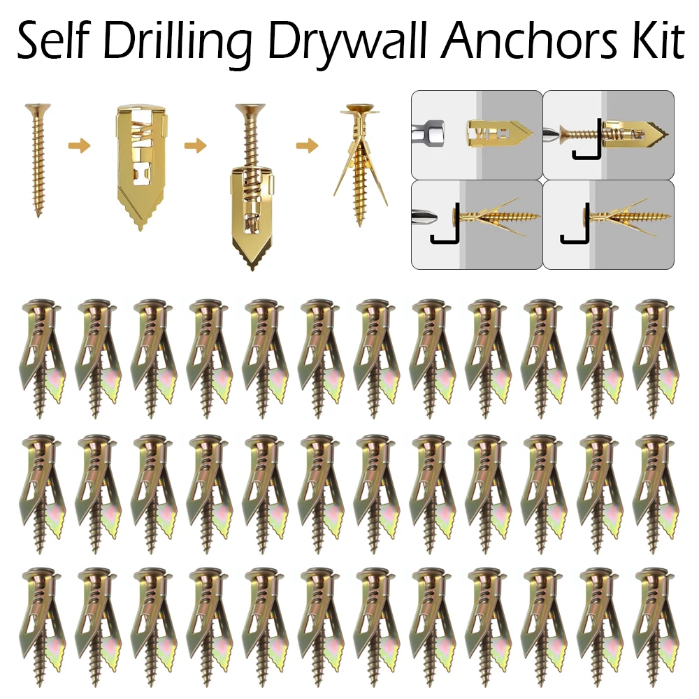 25-200Pcs Self Drilling Drywall Anchors with Screws Heavy Duty Zinc Plated Metal Expansion for Photo Frames Wall TV Shelf Straps