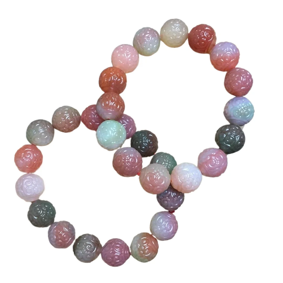 Natural Yanyuan Agate Single Strand Bracelet Spiral & 4‑Sided Flower Carved Beads With Guru Bead Crystal Wrist Jewelry Gift
