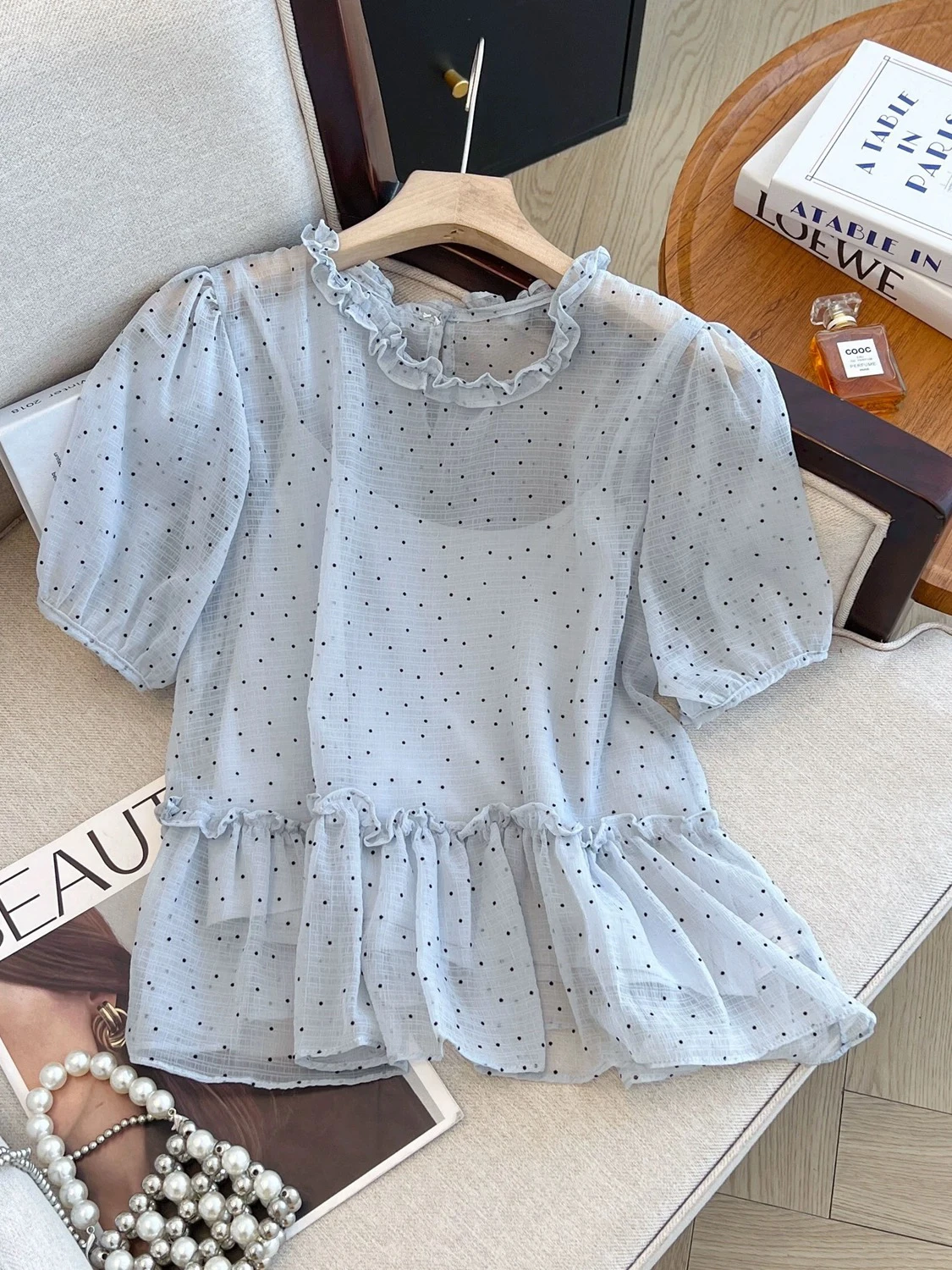

Женская шифоновая блузка в горошек с узором под дерево, элегантный летний модный топ в стиле кукольного образа, легкая, премиум-класса, новинка 2026 года