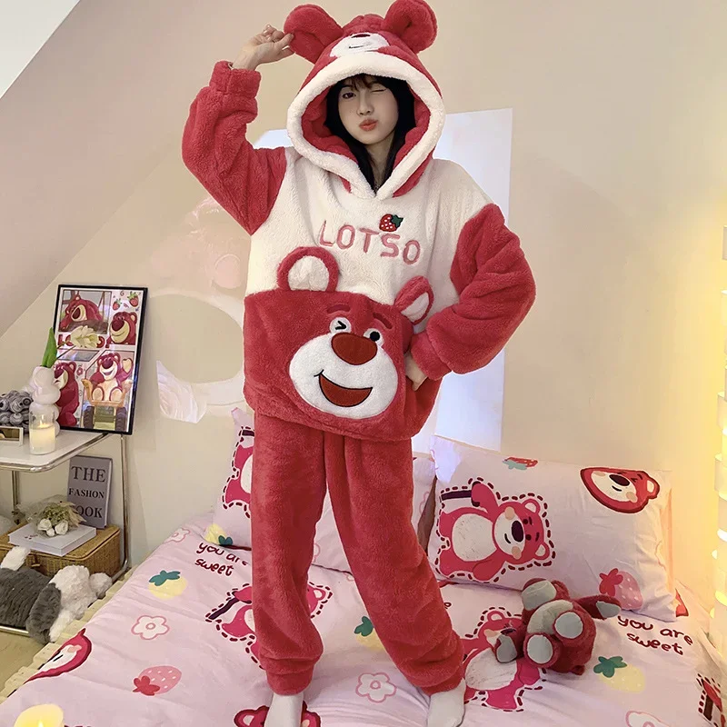 Strawberry bear pajamas cartoon Disney loungewear new two-piece set pajamas pants set hooded strawberry bear women's pajamas