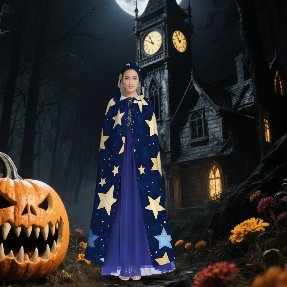 1pc Starry Night Sky Pattern Witch Hooded Cloak for Men and Women Long Cape Cosplay Shawl Party Favors Dresses Clothes
