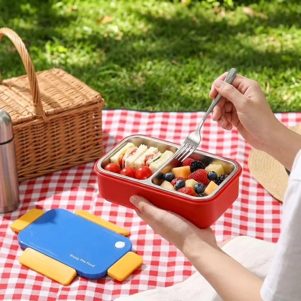 Stainless Steel Portable Lunch Box Large Capacity Leak-proof Seal Divided Compartments Food Box with Tableware 2 Compartment