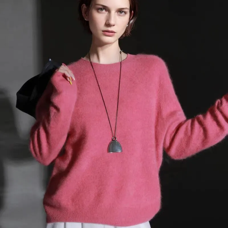Nuevo suéter de punto de otoño invierno para mujer, cuello redondo, cepillado, suelto, a la moda, muy cálido, Top de cachemira de visón 100% de gama alta