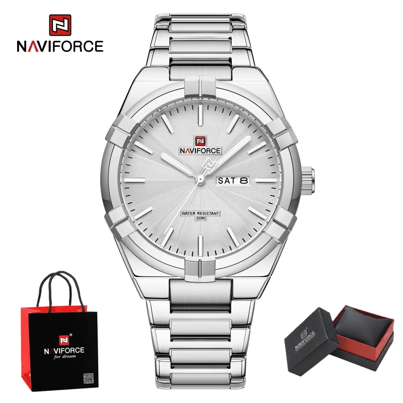 แพ็คเกจของขวัญนาฬิกาข้อมือควอตซ์ลำลองแฟชั่นสำหรับผู้ชาย NAVIFORCE สไตล์ใหม่ สายเหล็กกันน้ำ แบรนด์ชั้นนำ พร้อมของขวัญ