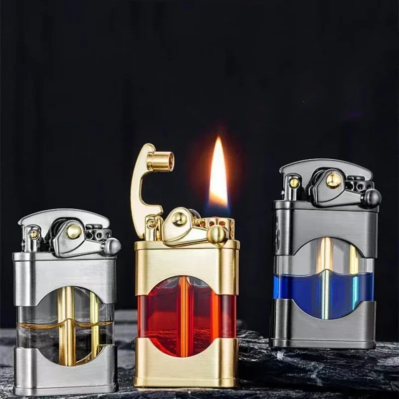 ZORRO Brass Swing Arm One Click Launch Ignition Open Flame Windproof Kerosene Lighter Transparent Oil Tank Lighters Smoking Gift