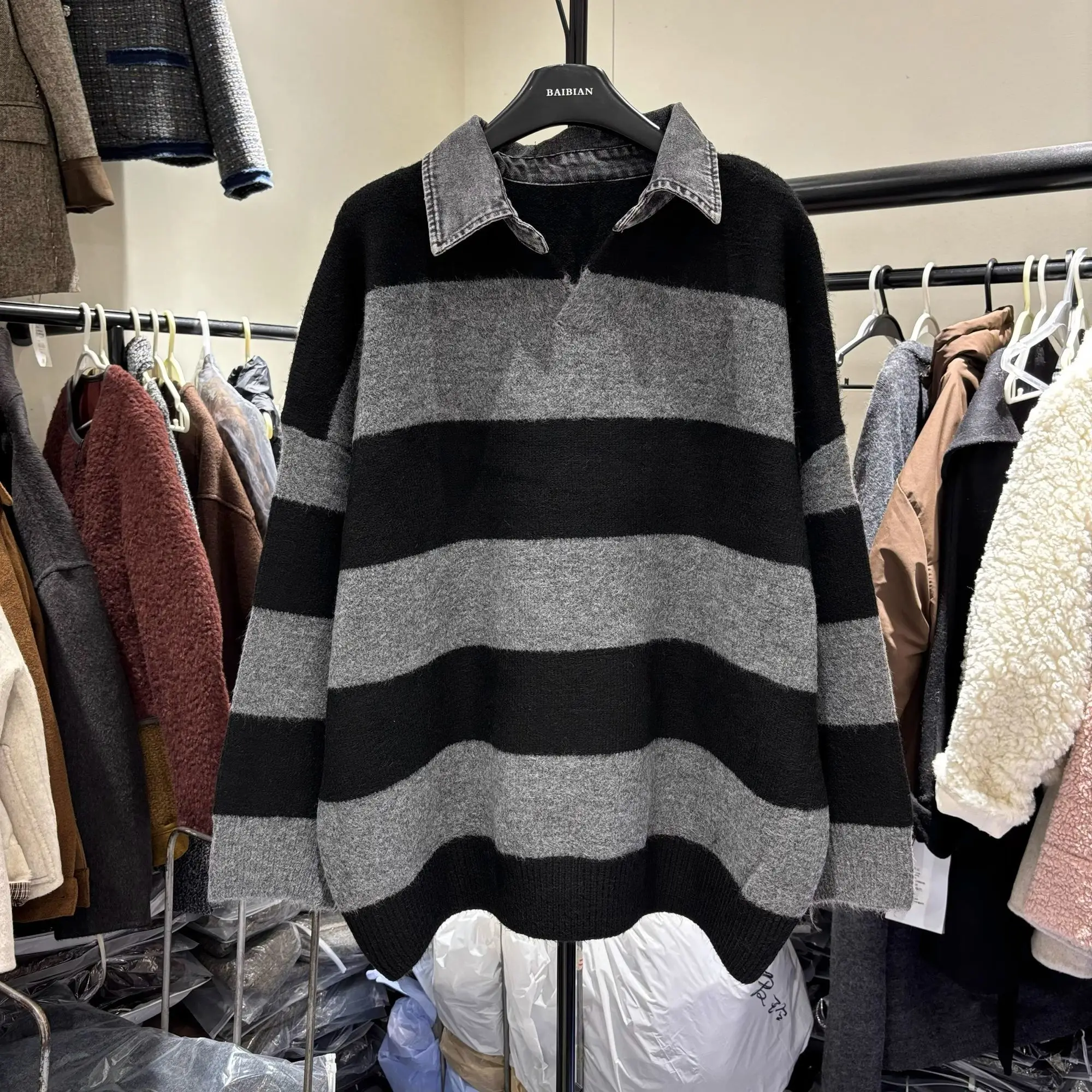 

Extra Large 300 Pou Patchwork Denim Ne Knitwear Jaet ex Autumn Winter New Sle Casual Knitted Top