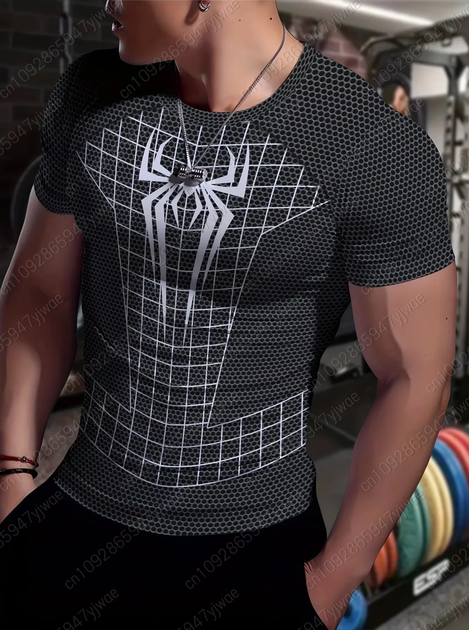 2026 Spider Grid Print Mens Gym Muscle Training T Shirt  Jogging Short Sleeve  Quick Drying Running  Men plus size Clothing Tops