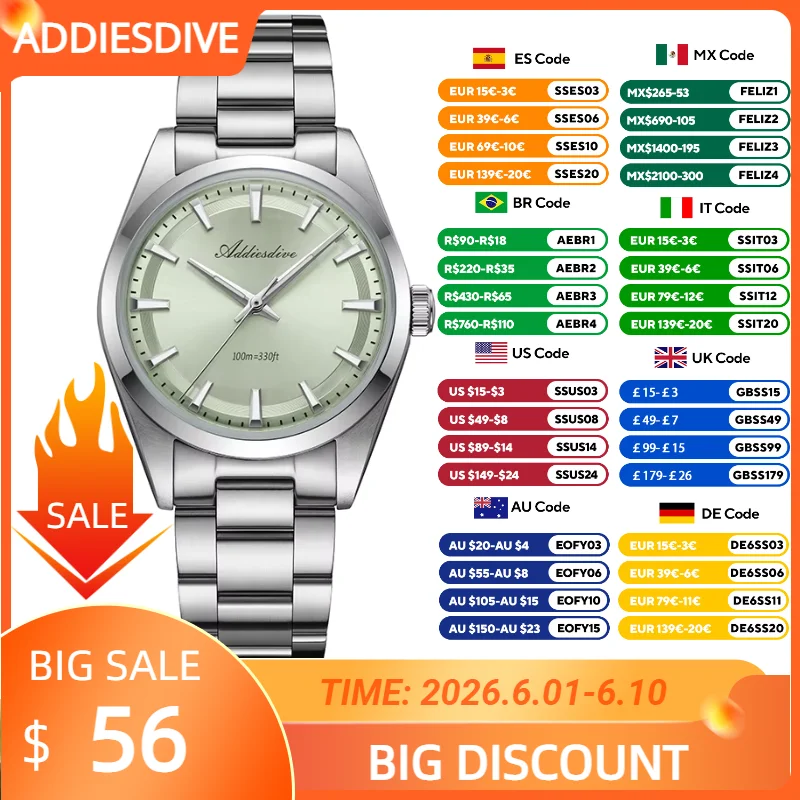 

ADDIESDIVE 36MM Simple Stainless Steel Men's Watch Bubble Mirror Glass Luxury Quartz Watches 100M Waterproof AD2066 Reloj Hombre
