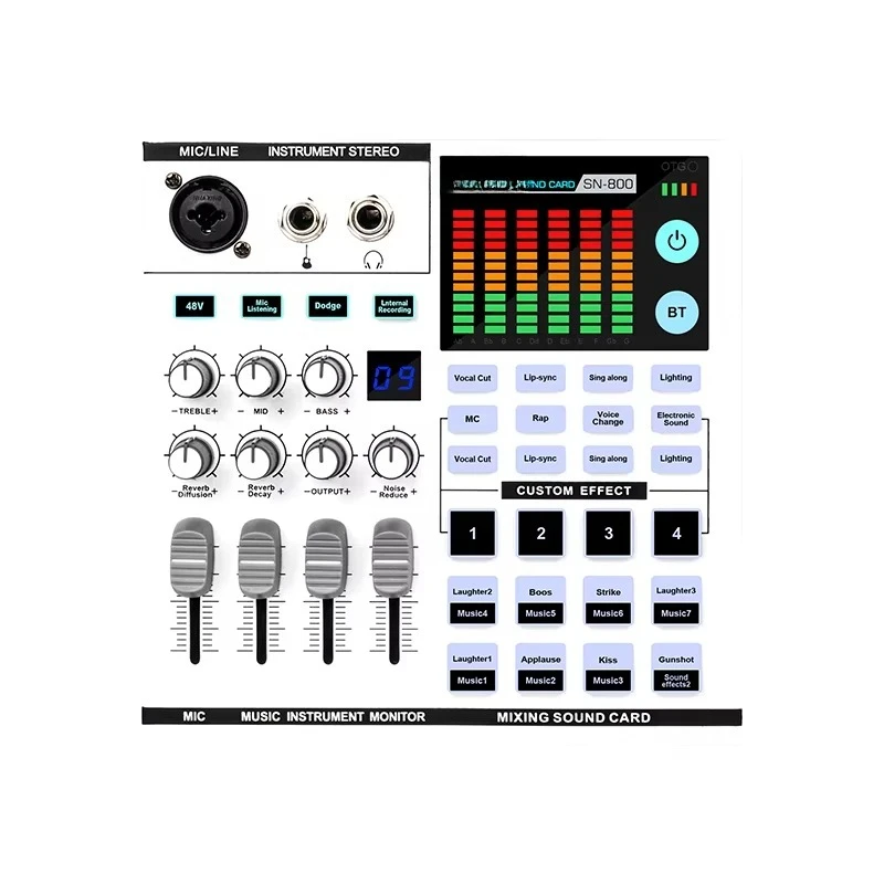Professional RGB Sound Card Audio Mixer 48V Phantom Power External Interface for Home Studio Podcast Recording