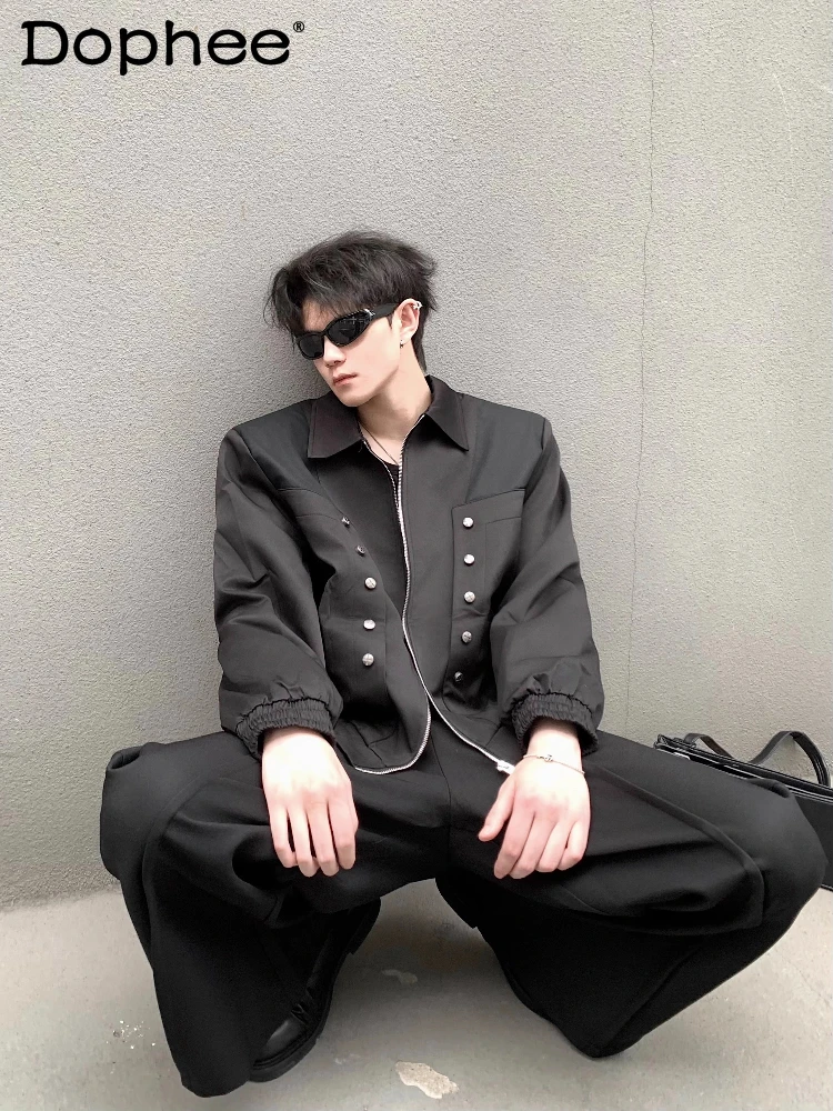 

Men's Light Luxury Padded Shoulder Quilted Jackets Men's 2025 Autumn New Rivet Design Lapel Stylish Trendy Long Sleeve Coat Tops