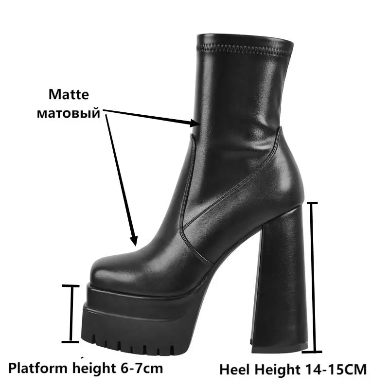 Onlymaker Women\'s Double Platform Square Toe Ankle Boots Zipper Chunky Heel Black Matte Fashion Lady Ankle Boots