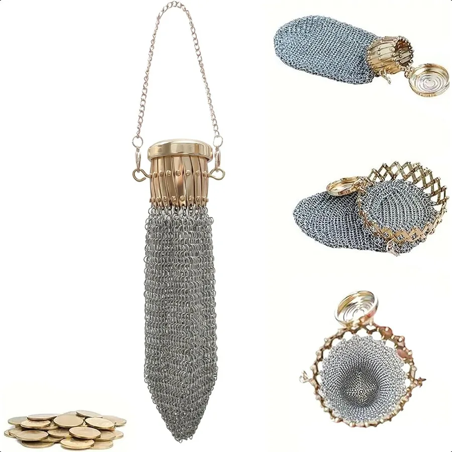

Handmade 1920's English Coin Purse Chain Metal Mesh Wallet for Coins Dice Jewelry Cosmetics Mini Double Mesh Coin Holder Pouc