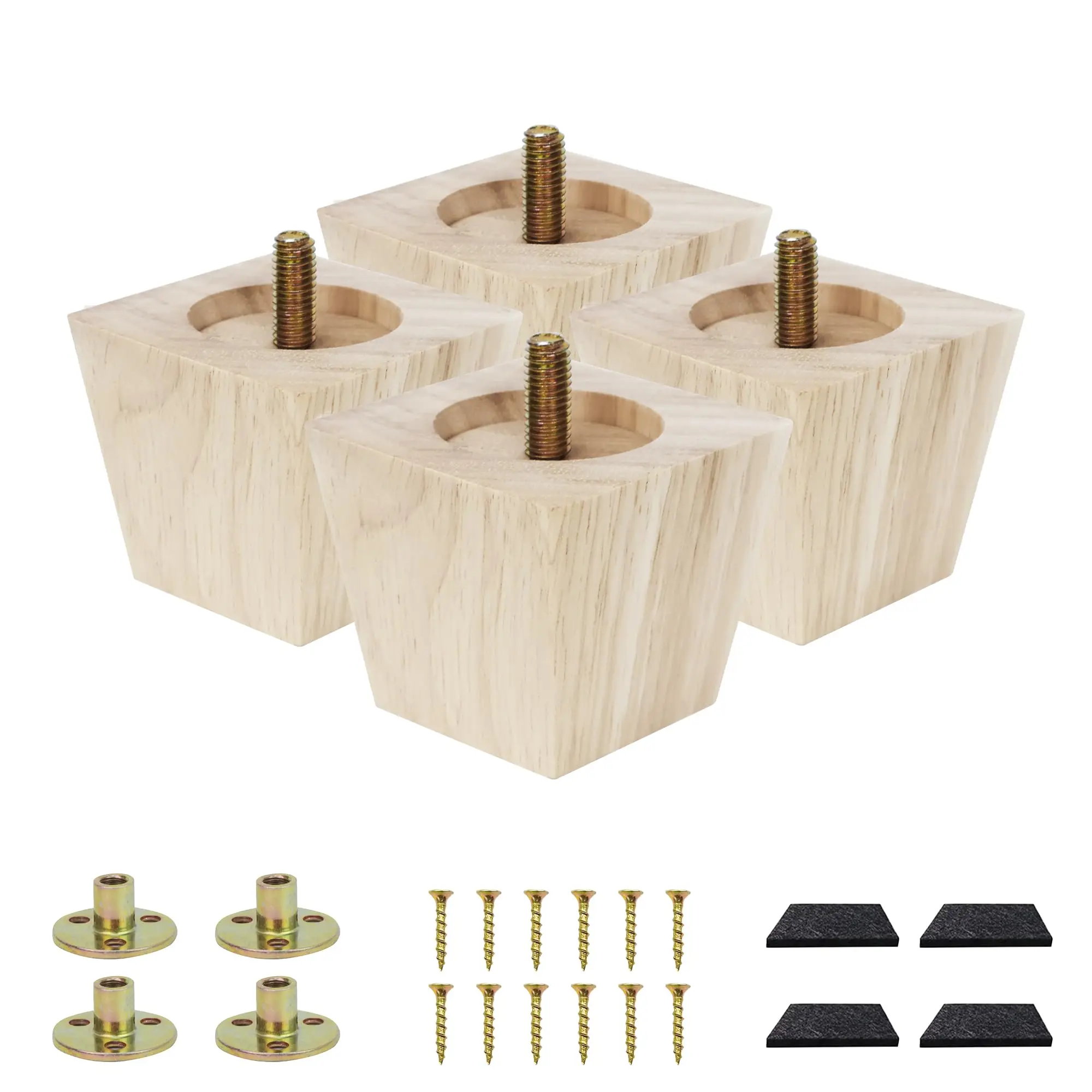 

Unfinished Natural Wood Square Furniture Legs 4 Inch Set Of Four With Mounting Hardware And Felt Pads