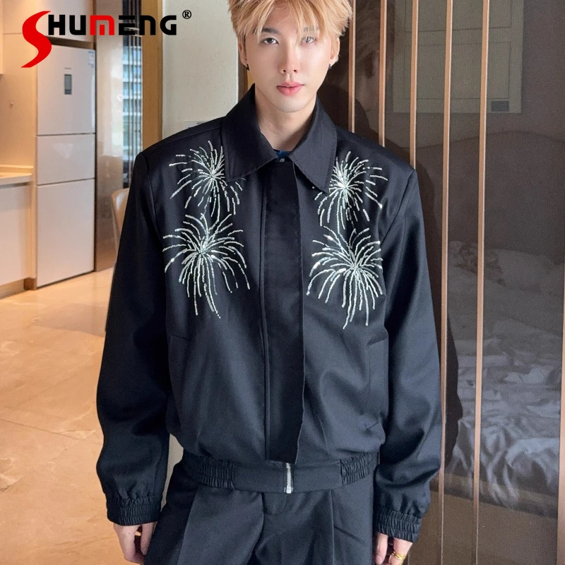 

3D Sequin Lapel Long Sleeve Chic Jackets Men 2025 Autumn Winter Loose Comfort Fashion Short Style Trend Coats Male Handsome Tops