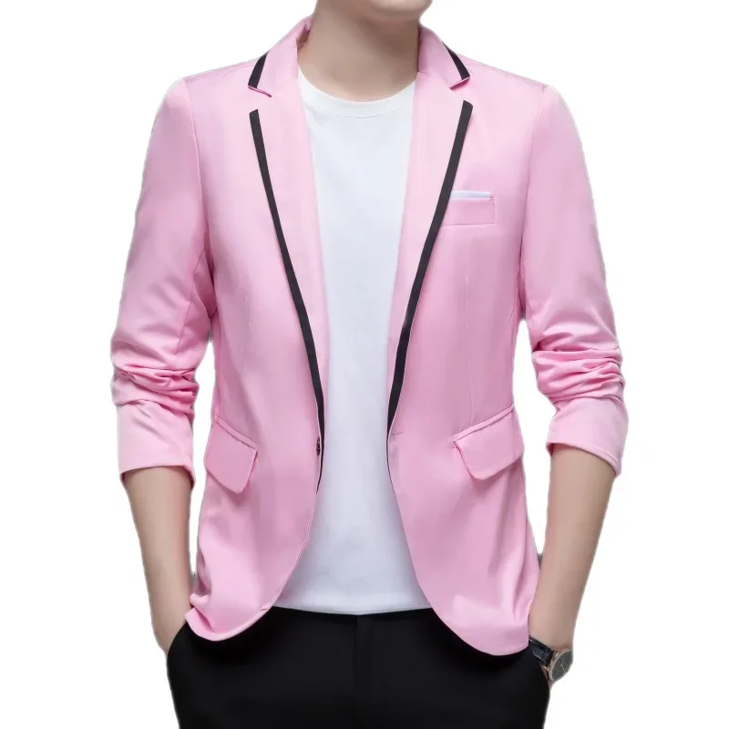 

HOO 2024 Men's New Color Matching Suit Jacket Youth Trim Stitching Casual Business blazer