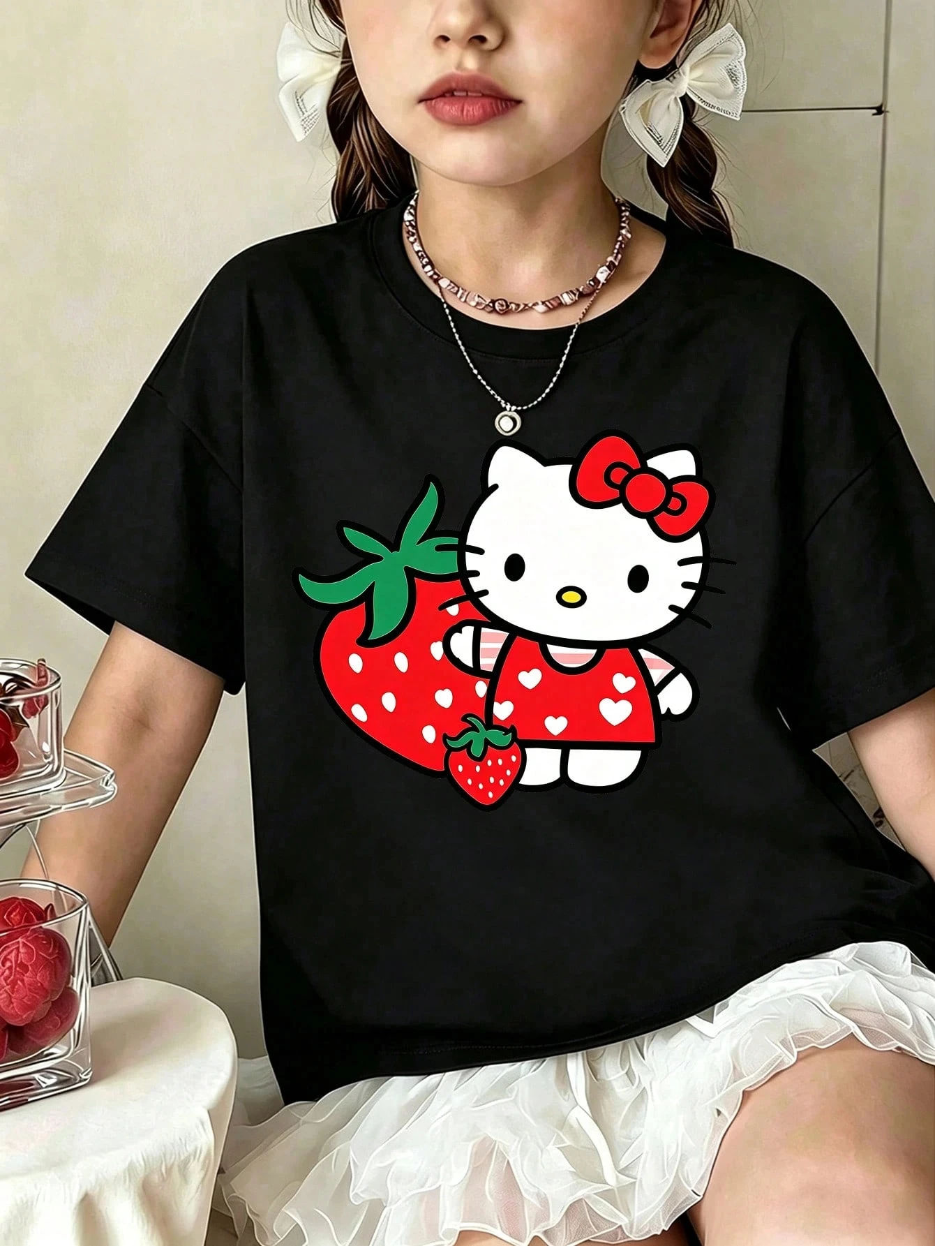 2026 Hello Kitty Big Strawberry Heart Dress Single Sided Printed Black T-shirt Top Summer Women's T-shirt