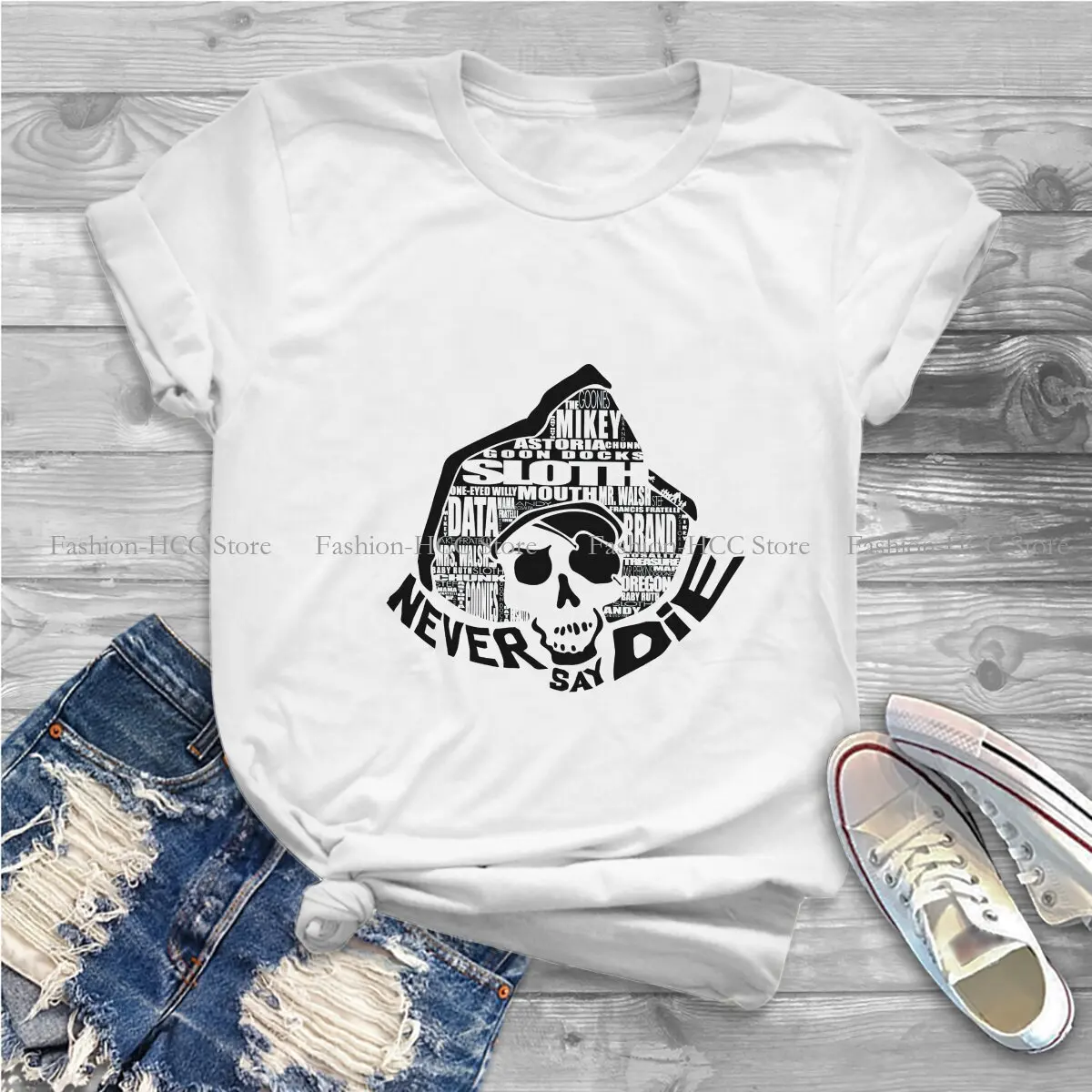 The Goonies Movie Polyester TShirts Word Skull Print Women's T Shirt Hipster Tops