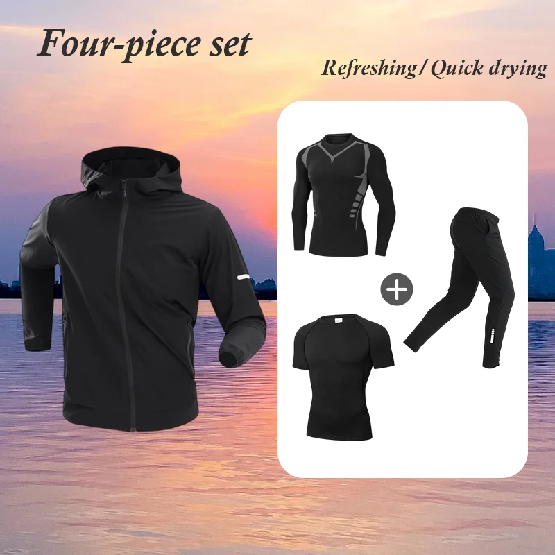 

Мужской спортивный комплект из 4 предметов 2025 года: высокоэластичный, быстросохнущий, влагоотводящий, для футбола, фитнеса, велоспорта, баскетбола