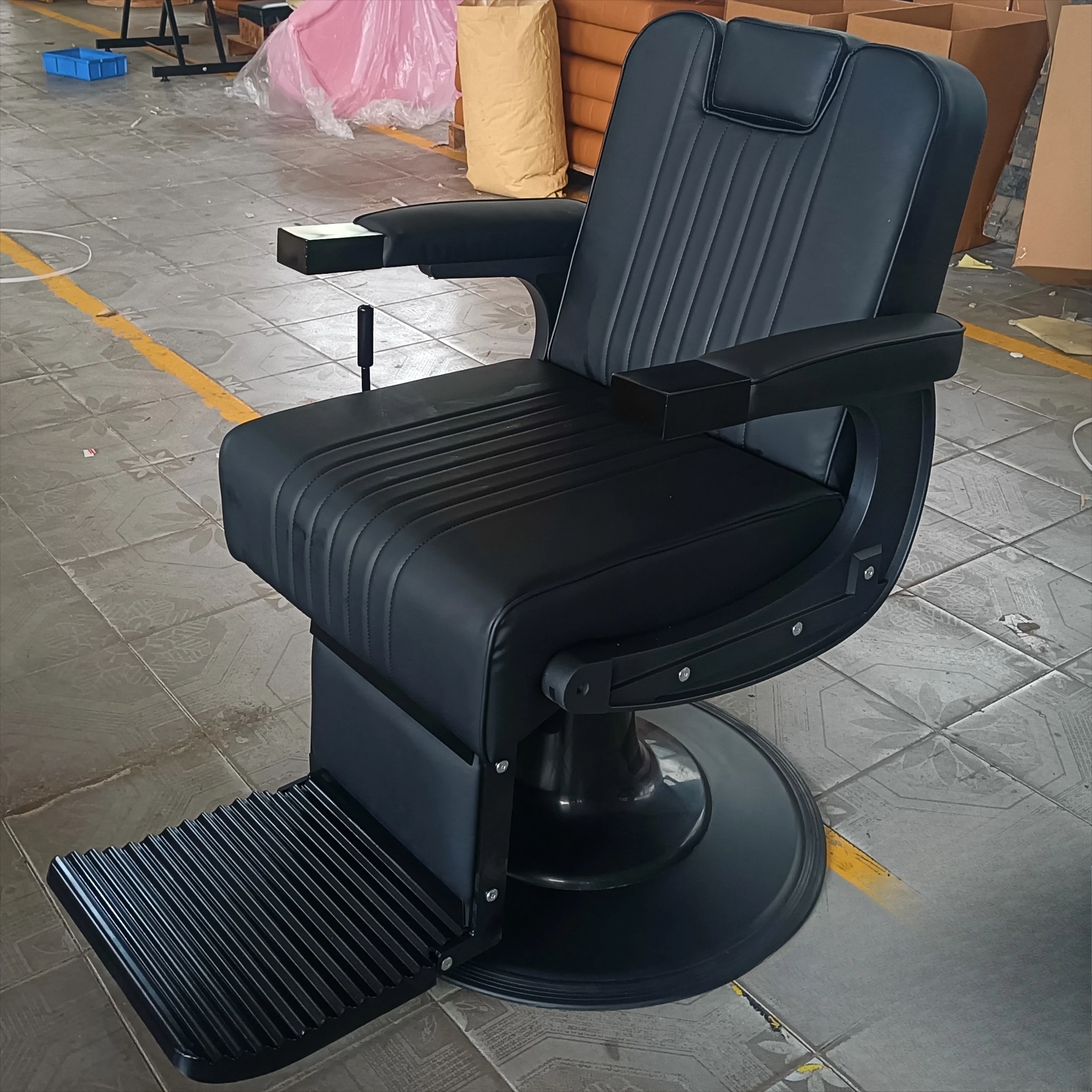 

Black barbershop chair with hydraulic pump black frame recliner