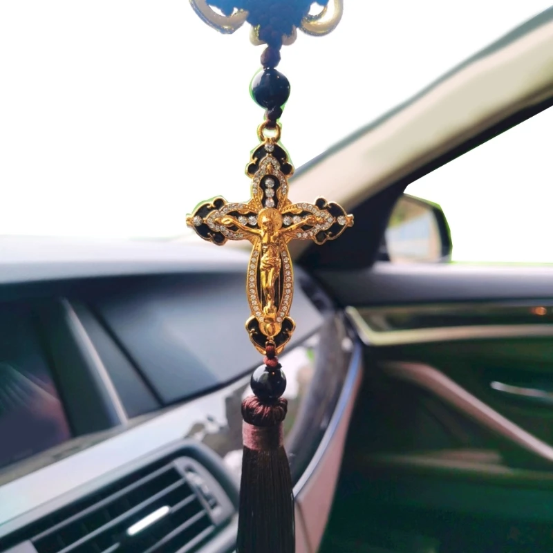 New Car Pendant Metal Diamond Cross Jesus Christian Religious Car Rearview Mirror Ornaments Hanging Auto Car Styling Accessories