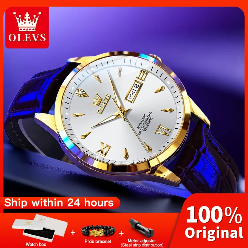 

OLEVS 9956 Mens Watches Luxury Original Automatic Mechanical Watch Waterproof Leather Strap Day Date Watches For Men Gifts Box