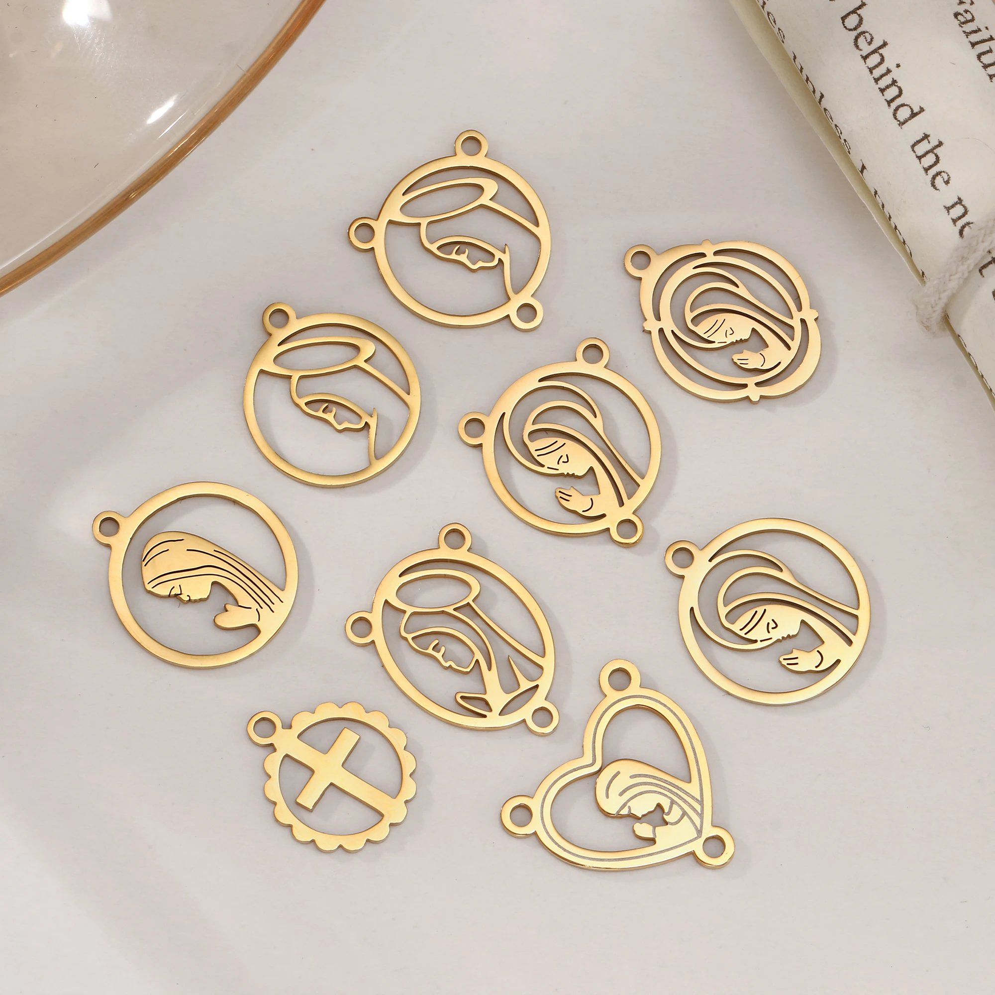 5 Stück Jungfrau Maria Verbindungsanhänger aus Edelstahl, Exquisite 3-Loch Unsere Liebe Frau Gliederanhänger für DIY Halsketten und Armbänder – Detail 2