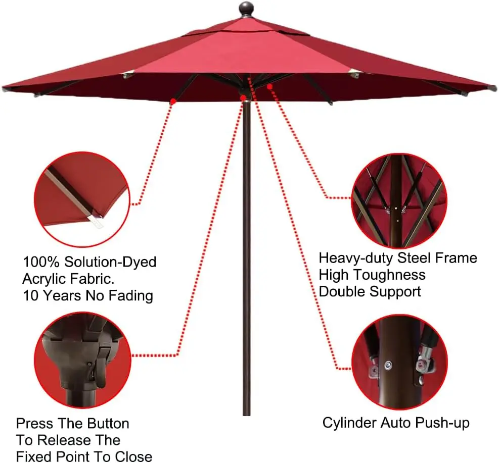 11Ft Market Umbrella Patio Outdoor Cylinder Auto Push-up Table Umbrella with Ventilation, Burgundy