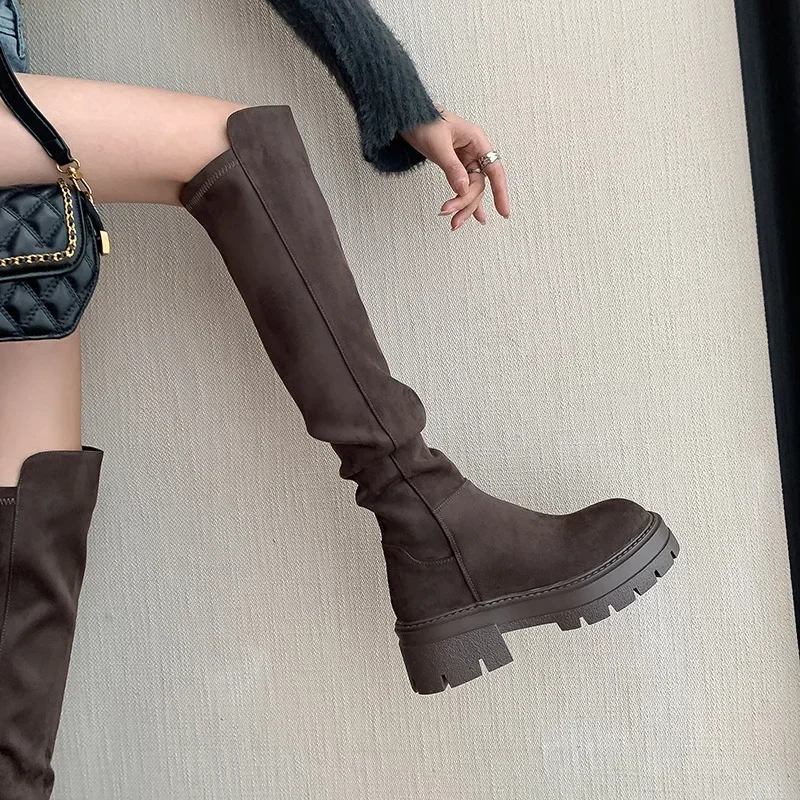 Thick soled knee high boots for women, thick leg high boots, elastic and slimming long boots