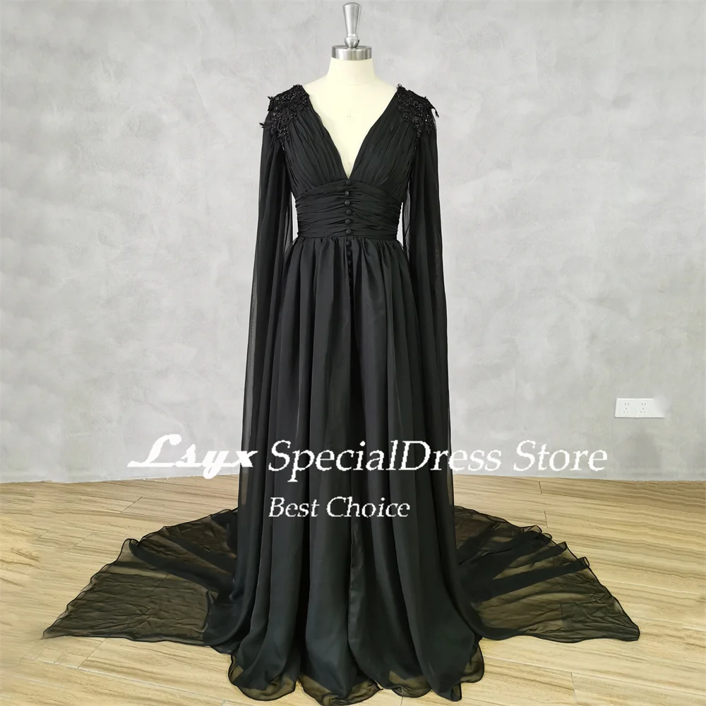 LSYX Black Beaded Chiffon Floor length Evening Party Dress V Neck Applique High Waist Prom Gown Elegant Pleat Ruching A-line