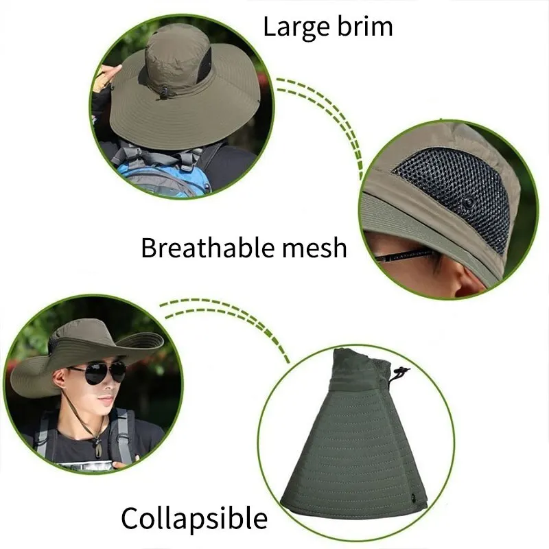 15cm Large Brim Polyester Sun Hat UV Protection Breathable Mesh Cap Foldable Men and Women Outdoor Fishing Hiking Beach Caps