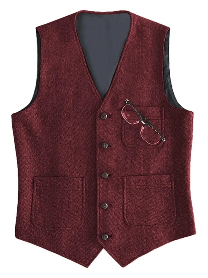 Men's Suit Formal V Neck Wool Green Herringbone Tweed Casual Waistcoat Formal Business Vest Groomman For Wedding