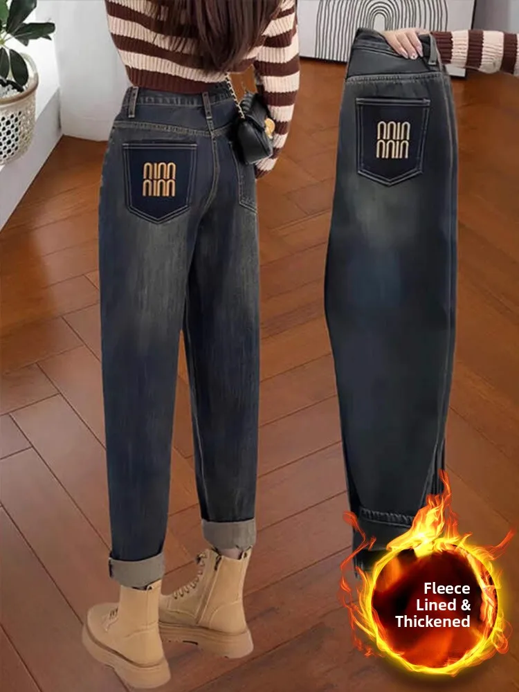 

Джинсы больших размеров с высокой талией на подкладке, женские осенне-зимние прямые брюки, свободные утягивающие брюки для папы, длина девяти точек