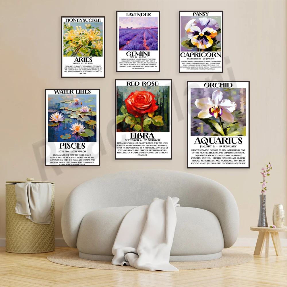 Pisces flowers and their meanings, water lily, pansy, sunflower, honeysuckle, orchid, lavender flowers, birthday flower poster