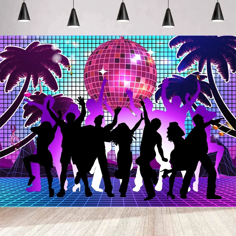 Photography Backdrop 70s 80s Neon Stage Disco Ball Hippie Boogie Dance Music Background Home Party Backdrop Wall Banner Poster