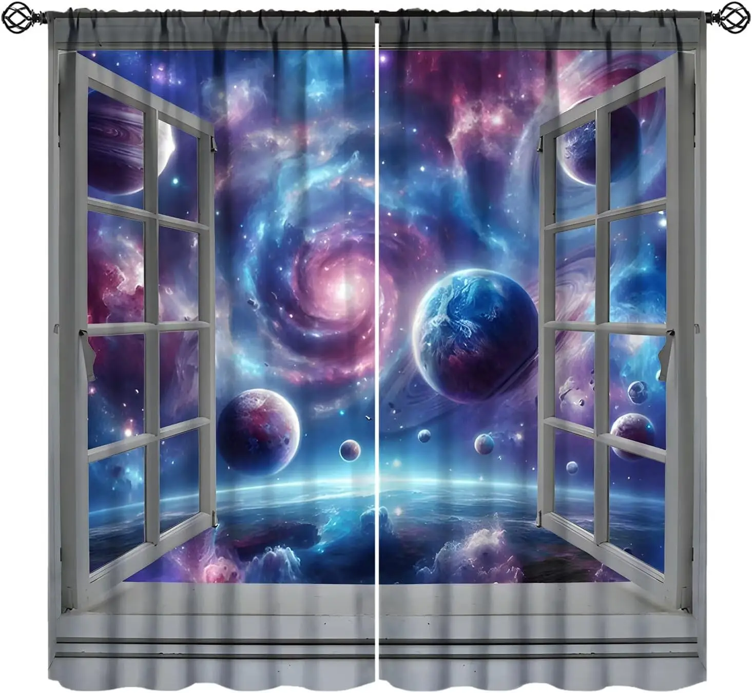 Space Galaxy Curtains, Fantastic 3D Window View Cosmic Planets Nebula Pattern Window Drapes for Bedroom Living Room