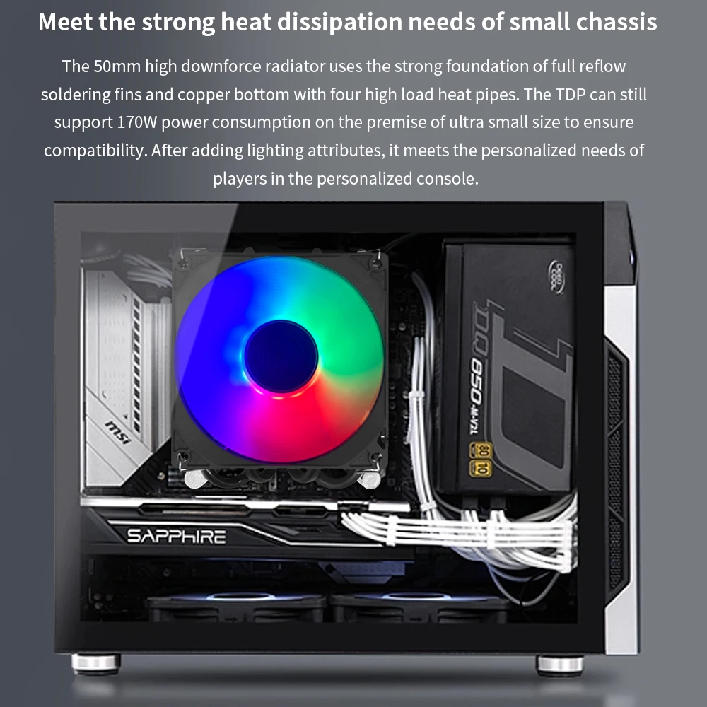 TISHRIC CPU Cooling Fan ITX Small Chassis Dedicated CPU Cooler Fan 4 Heat Pipe 4Pin Fan  For Intel LGA 1200 1150 1155 115X 1700