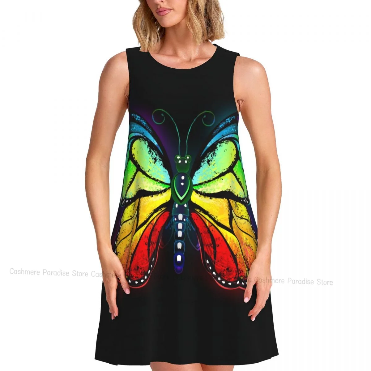 ชุดเดรสสตรีสายรุ้งฤดูร้อนชุดลําลองเสื้อยืดชายหาดชุดเดรสถัง