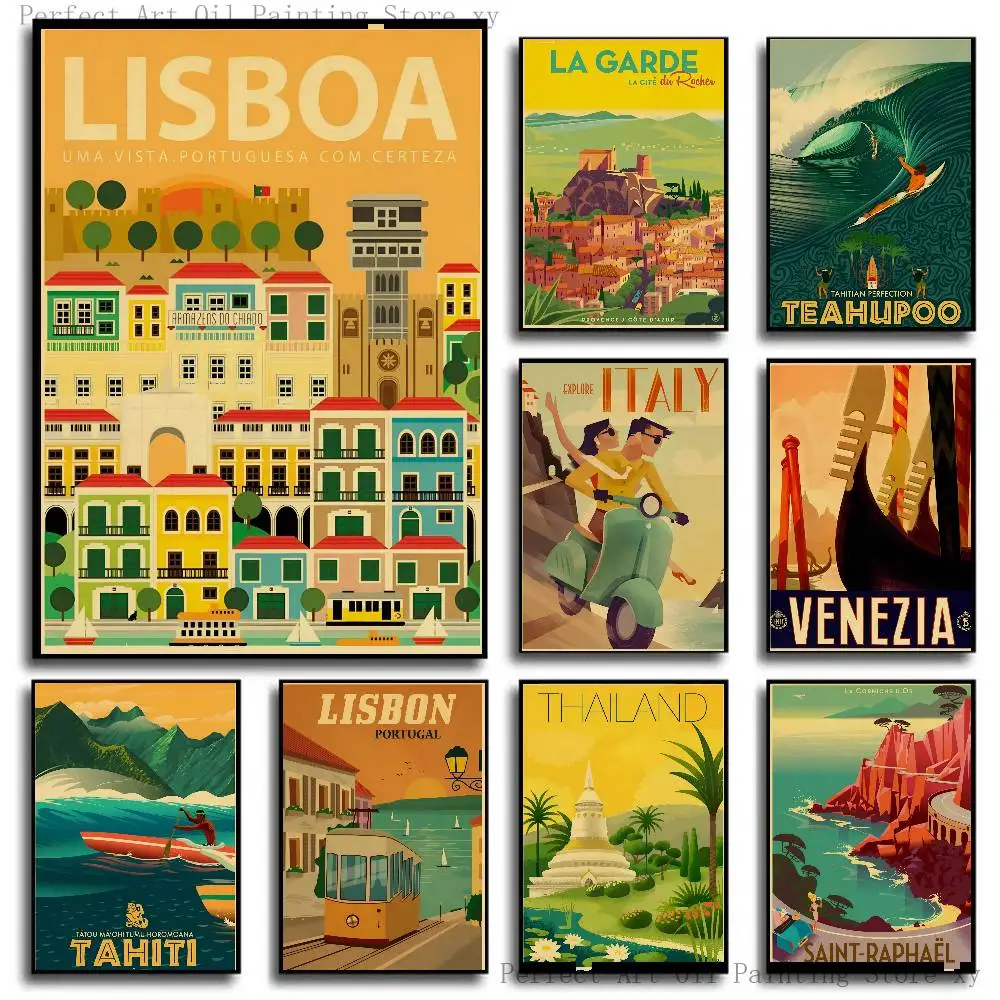 Vintage Art New York London Italy TAHITI Retro Poster Self-adhesive Art Room Entrance Restaurant Wall Decor Art Painting