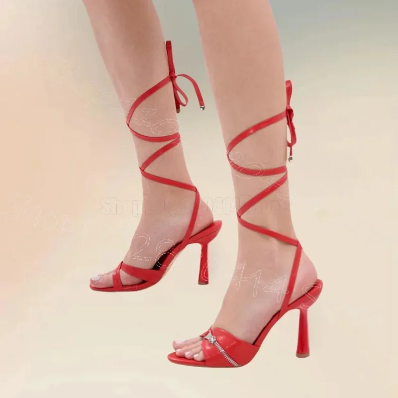 

Zipper Decor Red Open Toe Twine Sandals Lace Up Women Shoes Thin High Heels Novel Party Banquet Dating 2025 Zapatos Para Mujere