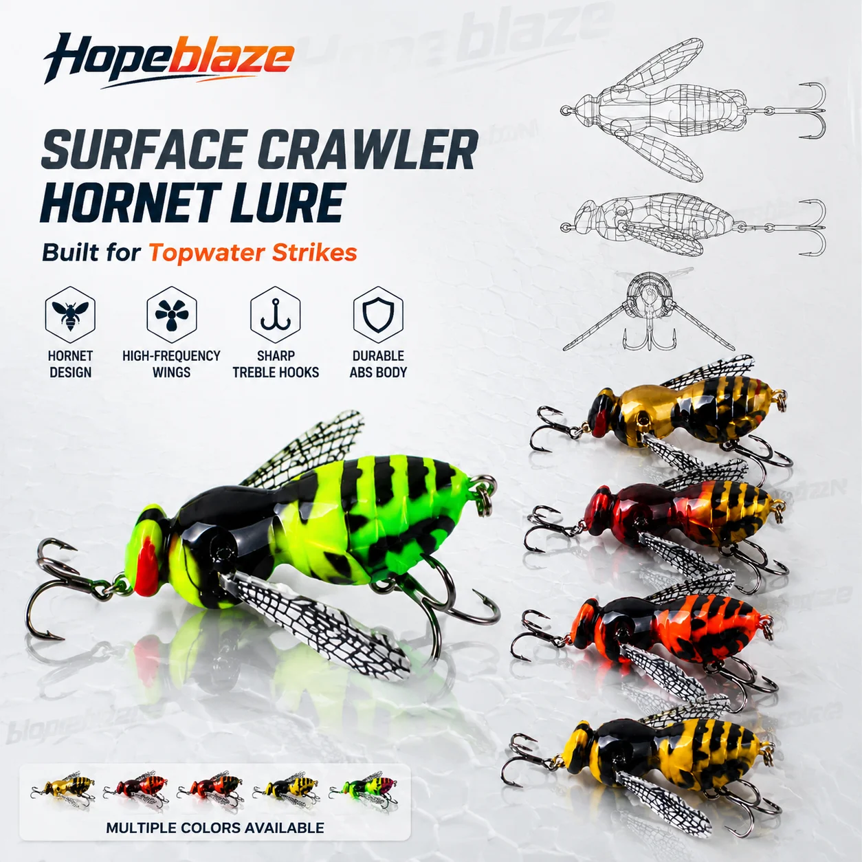 Hopeblaze Wasp Topwater Crawler Lures 5g/9g ABS Splash Hard Bait Black Nickel Treble Hook For Bass Perch Snakehead Catfish