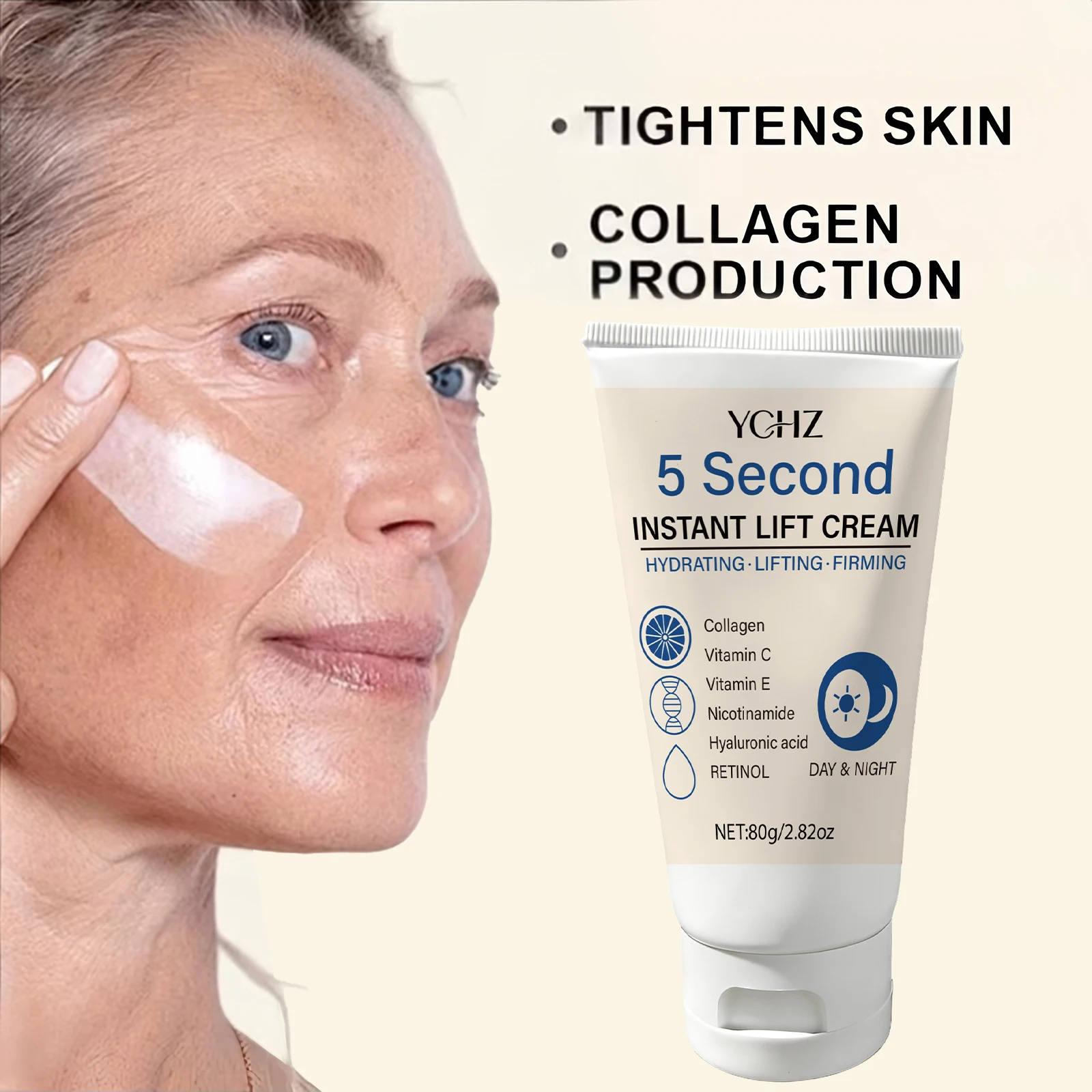 Crema facial reafirmante y lifting instantáneo en 5 segundos - Rica en ácido hialurónico y vitamina C - Hidrata y nutre rápidamente - Deja la piel firme - Se absorbe rápidamente en 5 segundos